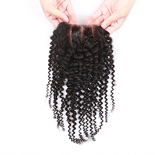 Beata Hair Brazilian Kinky Curly 4x4 Frontal Lace Closure Human Hair With Baby Hair Natural Black (3 Part, 16 Inch)