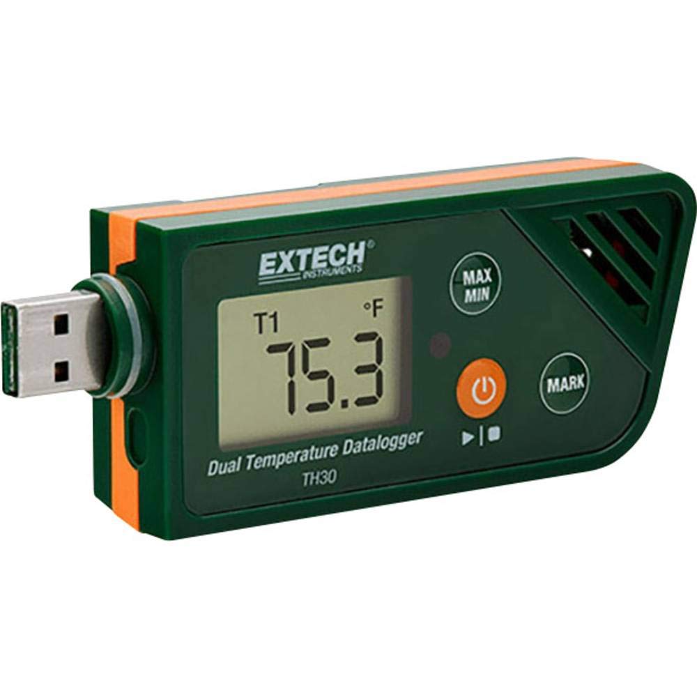 Extech TH30 Dualer Datenlogger für Temperatur im USB-Format | Zweikanal-Thermistor, Temp -40 bis 158F, 48000 Speicher (24000/Kanal), USB, Hi/Lo-Alarm, wasserdicht