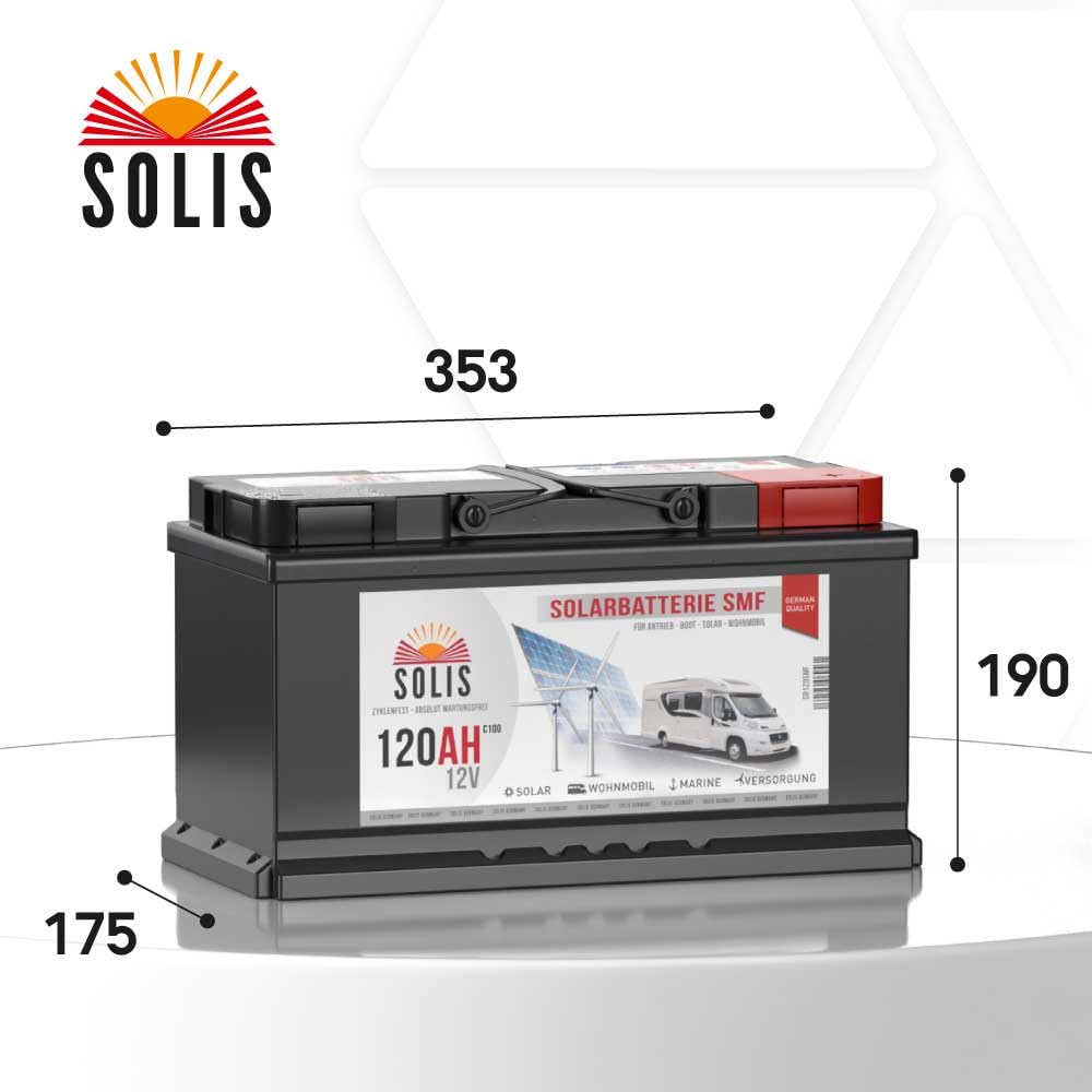 SOLIS Solarbatterie 12V 120Ah Batterie Solar Wohnmobil Wohnwagen Versorgungsbatterie Bootsbatterie vorgeladen wartungsfrei