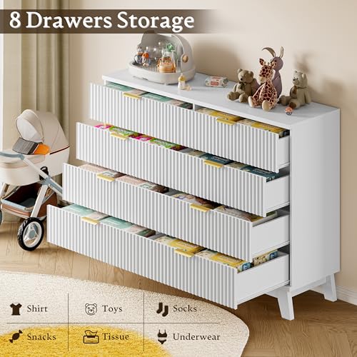 Image of BORNOON Fluted 8 Drawer Tall Dresser, 47.2 inch Wide Modern Boho Chest of Drawers, Wooden Storage Dresser TV Stand for Bedroom, Living Room, Closet, Hallway, Curved Profile Design