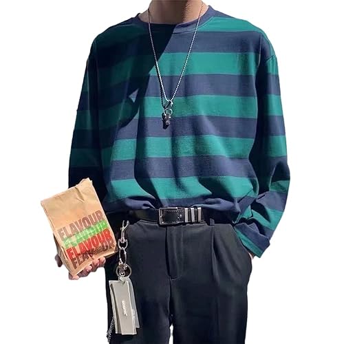 Men's Round Neck Striped Long Sleeve T-Shirt Emo Punk American Harajuku Street Loose Bottoming Shirt Couple Outfit - X-Large - Green