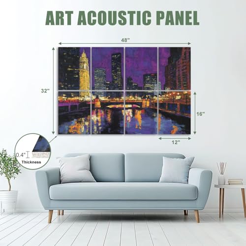 8 Pack Paneles Acústicos para Absorción de Sonido Decorativos Skyline Chicago Noche Reflejo Río Puentes 48x32 pulgadas miniatura 2