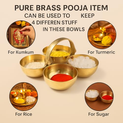 Image of Pure Source India Pure Brass Small Pooja Roli, Chawal, Haldi, Kumkum Katori /Chawmukh with Handle for Home Mandir (8.5 X 8.5 CM) (Gold) (20 ml)