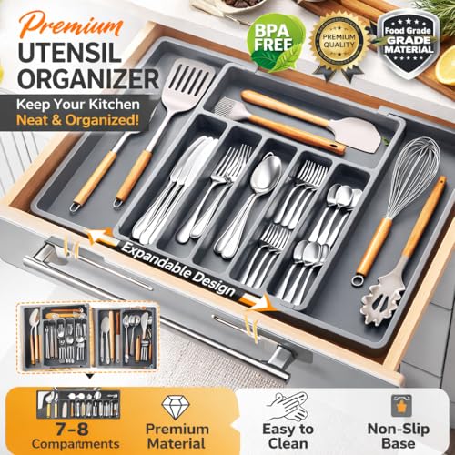 Image of mechdel Drawer Organizer, Expandable BPA Free Utensil Tray for Kitchen, Adjustable Flatware and Cutlery Holder for Spoons Forks Knives, Plastic Kitchen Organizers and Storage (GREY, 8-Slots)