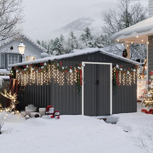 Garvee 10x10 ft Metal Storage Shed with Pitched Roof & Lockable Door Galvanised Steel Storage Shed, Backyard Garden Patio Lawn Outdoor Sheds Large Gar