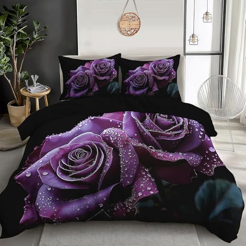 SMBHIAON Gocce D'Acqua Rose Viola Opripiumino 240X220Cm, Set Di Biancheria Da Letto Per Romanzo Realistico Da 3 Pezzi, Microfibra Copripiumini A Cerniera Con 2 Federe,Viola Lavanda