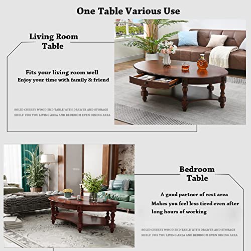 Jesonvid Solid Wood Oval Coffee Table With Drawer And Storage Shelf, Traditional Vintage Center Table Polished Edging Cocktail Tea Table For Living Room Bedroom Home, Cherry Walnut #TOP5