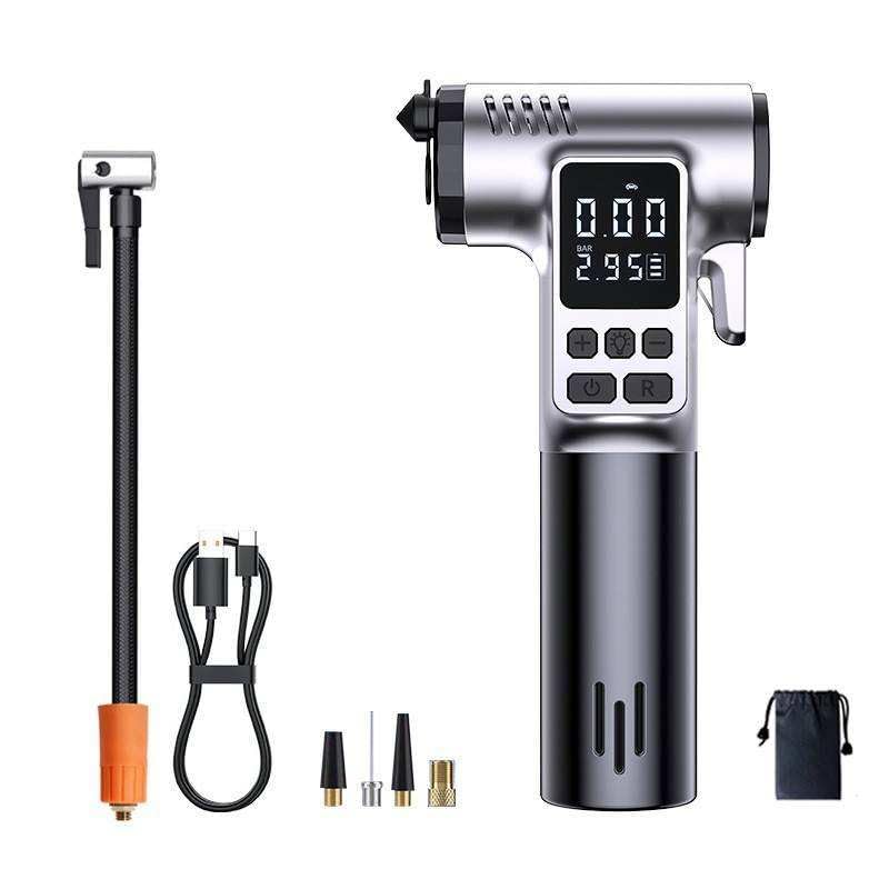Image of Portable Cordless Car Tyre Inflator 150 PSI | Digital LCD Air Compressor with Auto Shut-Off | Emergency Light, Window Breaker & Seatbelt Cutter | Rechargeable 7.4V | For Car, Bike & Scooter