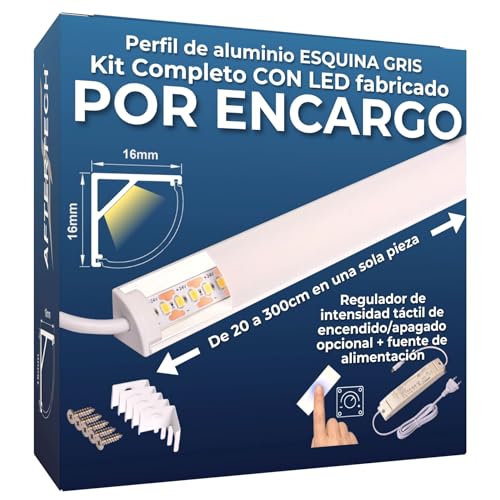 AFTERTECH Barra LED Esquinera Perfil Aluminio BLANCO al centímetro de 20 a 300cm en UNA SOLA PIEZA - LUZ POTENTE 19,2w/m 180led/m - PERSONALIZABLE Bajo Mueble de Cocina