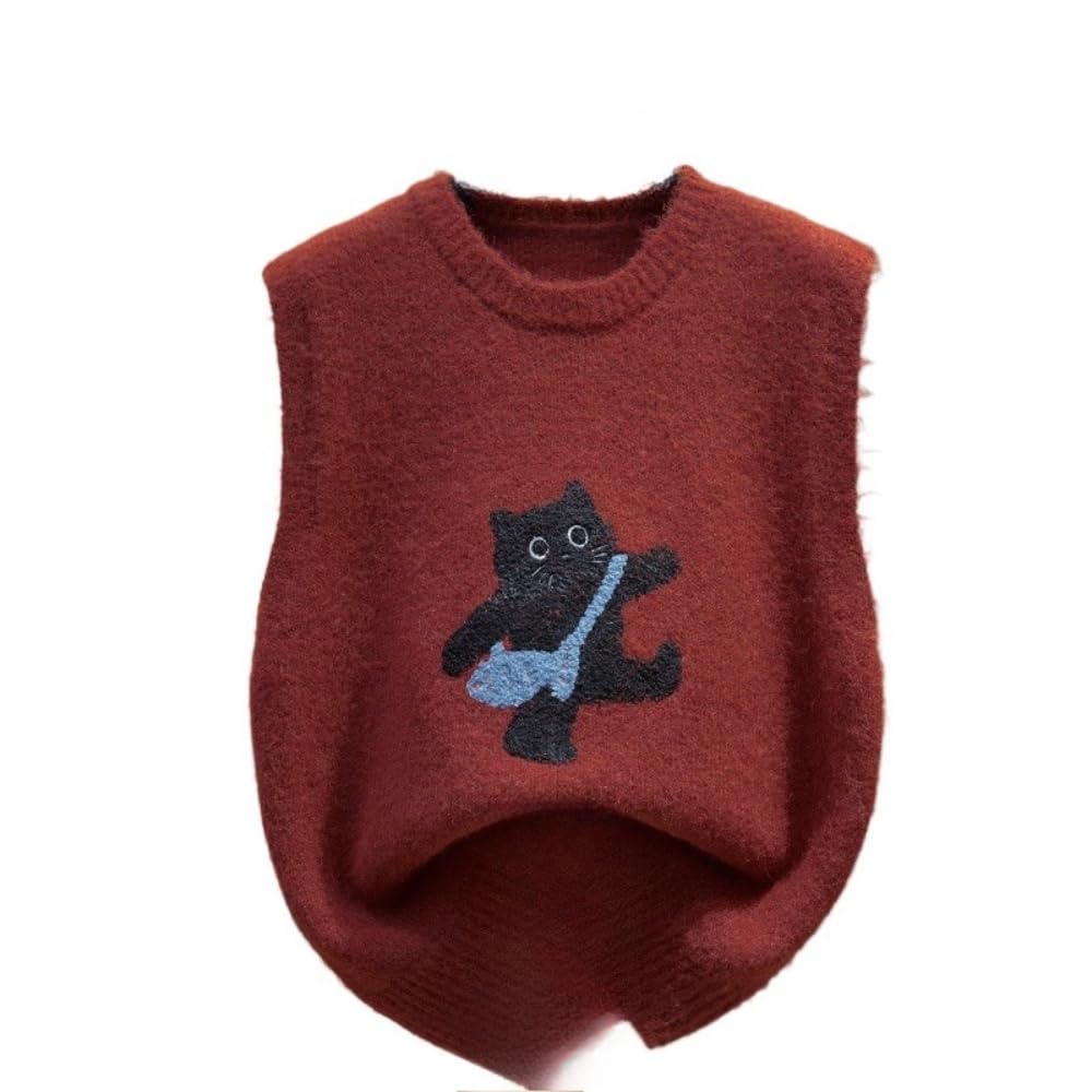 Women Kawaii Cat Knit Vest Crew Neck Loose Knitted Sweater Vest Oversized Layering Sleeveless Cardigan