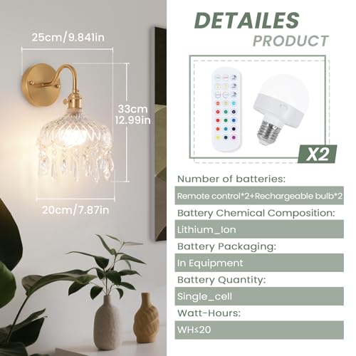 Image of Vintage Battery Operated Wireless Wall Sconces, Rechargeable Battery Antique Brass Wall Lights,Luxury Corridor Lamp with Remote for Dining Room Hallway Living Room, Set of Two