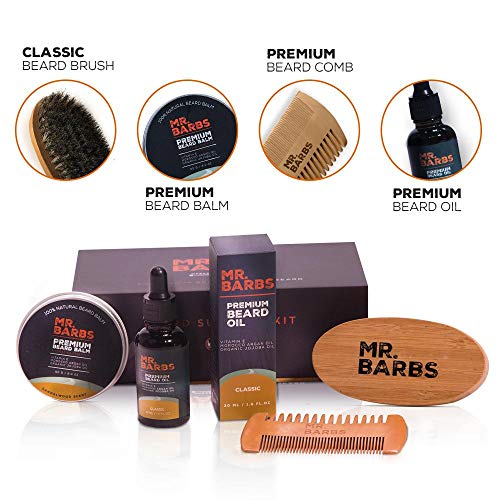 Mr. Barbs Premium Beard Grooming kit for Men Care - Premium Unscented Beard Oil, Beard Brush, Dual Teeth Beard Comb & 100% Natural Beard Balm" Sandalwood scent".