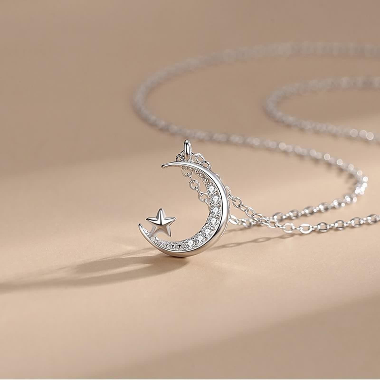 Moissanite Collana, Collana Donna Lunga Vintage Ciondolo Catenina Gioielli Oro Bianco 9K/14K/18K Stella Luna 40+5cm