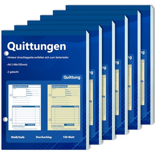 6 Stück A6 Quittungsblock Durchschreibend Rechnungsblock Kleinunternehmer 2 x 50 Blatt gelocht für Kleinunternehmer Vereine Selbständige