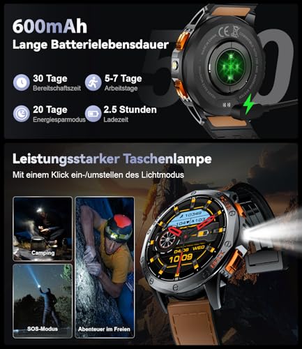 Smartwatch mit GPS, 1.43'' Amoled Display Fitnesuhr, 170+ Sportmodi Sport Uhr, Kompass, Barometerdruck, LED Taschenlampe, 5ATM Wasserdicht Schwimmen Smart Watch Kompatibel mit iPhone Android – Bild 5