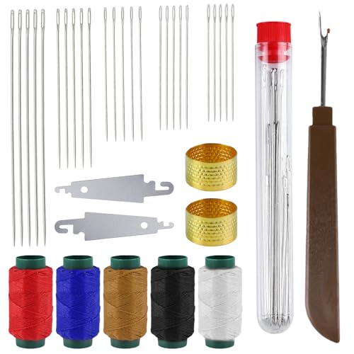 Kit de costura de 37 piezas con agujas de ojo grande de acero inoxidable – Kit de costura a mano inoxidable que incluye separador de costuras, enhebrador de agujas, hilo y dedal para principiantes y