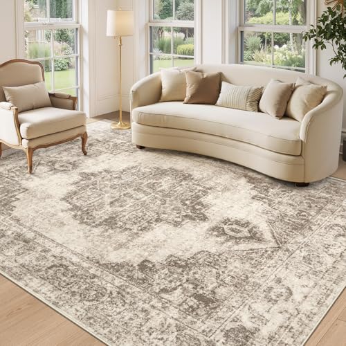 Vintage Medallion Accent Rug: Washable, Low Pile, Distressed, Taupe, 5'x7' for Living Room, Bedroom, Kitchen, Dining, Home Office