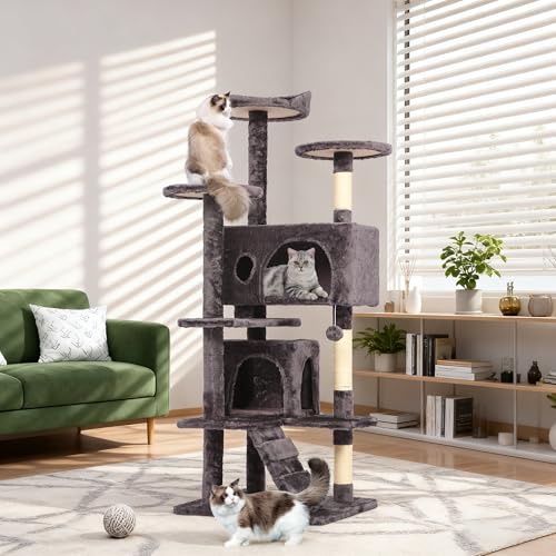 Image of BestPet | 54 inch Cat Tree Tower | Purple Gray | Sturdy Multi-Level Cat Tree