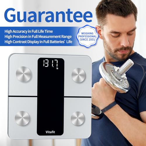 Vitafit Balance Pese Personne, Précision 0,05kg par Notre Usine Professionnelle Depuis 2001, Balance Connectée App avec 13 Données Corporelles (BMI/Graisse Corporelle/BMR), 182kg, LED, Argent – Image 3