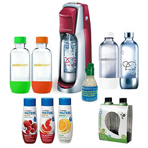 SodaStream Fountain Jet Soda Maker in Red w/ Exclusive Kit w/ 4 Bottles & Starter CO2, 1L