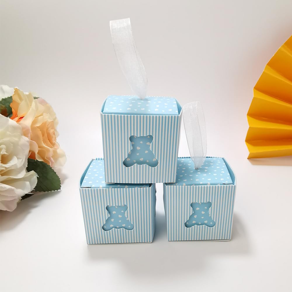 50 Pezzi Scatola di Caramelle Regalo Carta, Scatole di Carta Regalo, Scatoline Carta Portaconfetti, con 50 Nastri, Confezione Regalo per Compleanno, Matrimonio, Festa, Blu