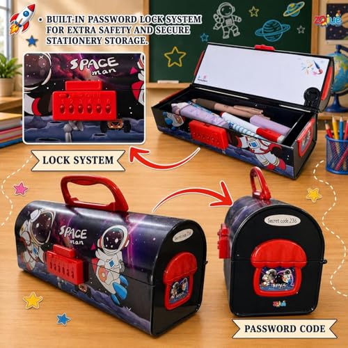 Image of Space Man Compass Box for Kids | Space Astronaut Printed Pencil Box with Number Lock | Large Capacity Stationery Storage Case for School Boys & Girls | Multipurpose Pencil Case