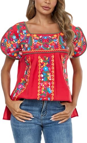 Mexican Shirts for Women Embroidered Tops Traditional Peasant Summer Tunic Blouse
