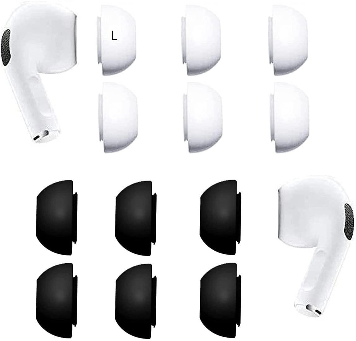 JNSA Replacement for AirPods Pro Eartips Silicone Ear tip Ear Cap Ear Pad, 6 Pairs, Fit in The Charging Case- Large Size, Black and White BW6PL