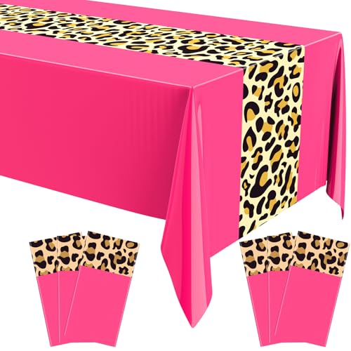 Image of Buryeah Leopard Print Tablecloth 54 x 108'' Leopard Plastic Table Cover Disposable Safari Animal Cheetah Print Party Decorations for Baby Shower Wedding Birthday Party Favors(Hot Pink,6 Pcs)