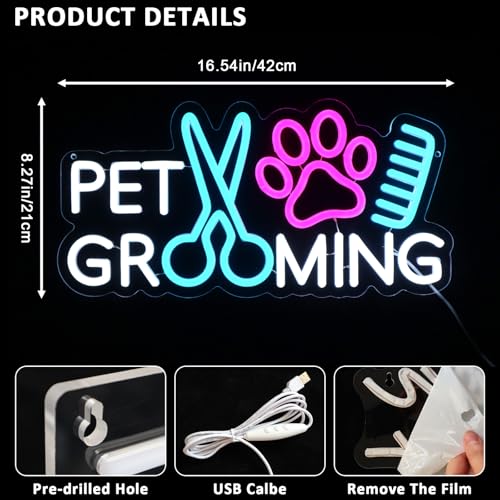 Image of Pet Grooming Neon Sign for Wall Decor, 15.5 inch x 8.2 inch Led Signs for Business, USB Dimmable Paw Neon Lights for Pet Shop Dog Hospital Spa Salon Bar Stores Decoration