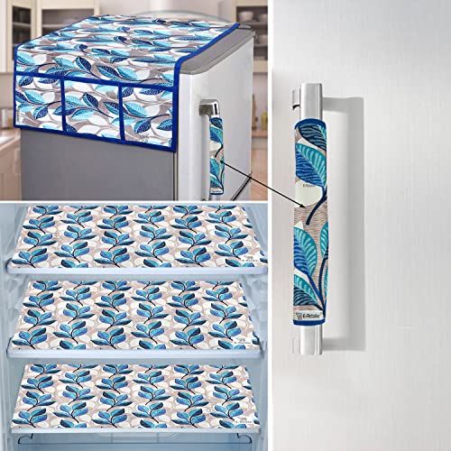 Image of Exclusive Combo Set of Appliances Cover (1 Pc. of Fridge Top Cover, 1 Pc. of Refrigerator Handle Cover and 3 Pc. Of Refrigerator Mat /Fridge Shelf Mat) (Color- Blue, Design-Leaf, Set Contains- 5 Pcs.)