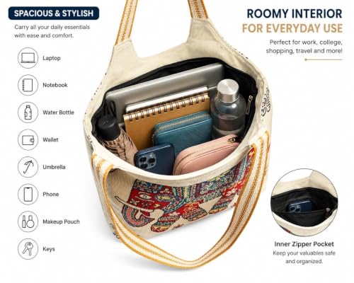 Image of Elephant Print Canvas Tote Bag for Women, Ethnic Shoulder Handbag with Multicolor Elephant Design, Dual Handle Everyday Carry Bag for Shopping, Office, College, Travel & Daily Use
