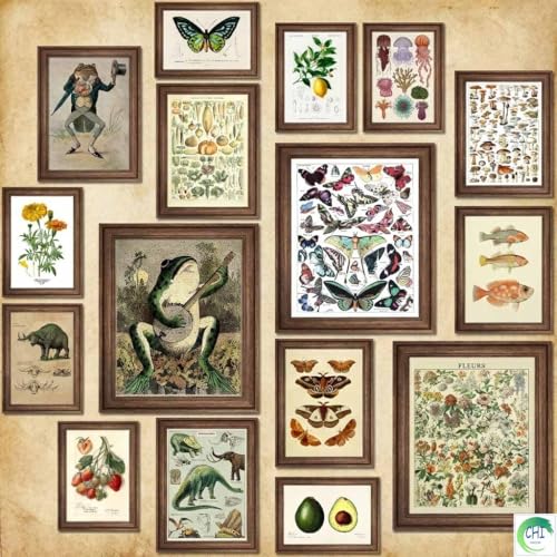 LANCHI95 6 Pcs Vintage Botanical Wall Art Set – Unframed Aesthetic Cottagecore Decor, Antique Frog, Mushroom, Butterfly & Floral Nature Prints - Gallery Wall Kit (3x 8x10, 6x 5x7, 7x 4x6) (UNFRAMED)