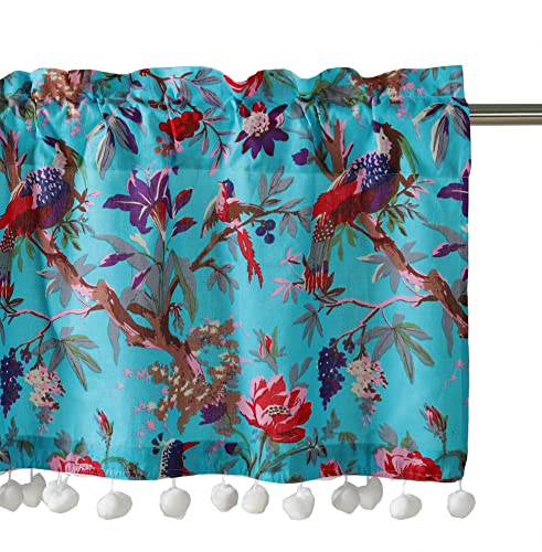 Image of Ravaiyaa - Attitude is everything Hand Printed Half Window Kitchen Curtain 100% Cotton Short Drapery Valance Curtain 40 inch X 18 inch Inch (Turquoise Bird)