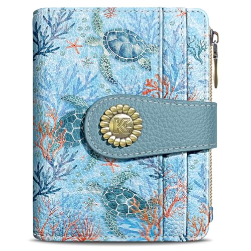 Image of Kelvoris Sea Turtle Small Rfid Women Wallet Bifold Zipper Coin Pocket | PU Leather Compact Cash Credit Card Holder Travel Purse for Female Ladies Teen Girls 1 ID Window 10 Card Slots