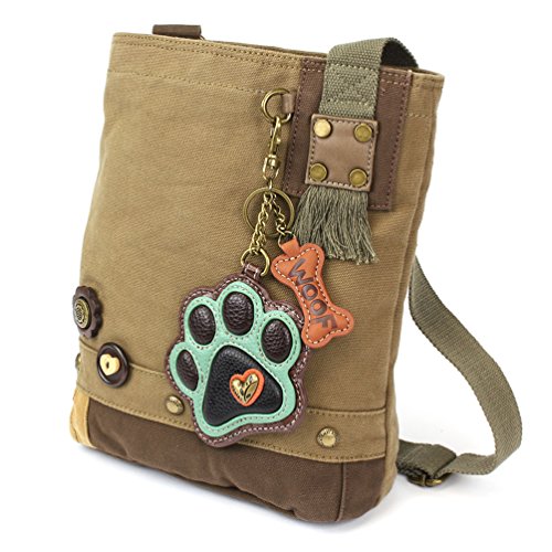 CHALA Patch Cross-Body Women Handbag, Canvas Messenger Bag - Teal Paw Print Olive - Thumbnail 4