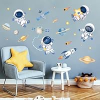 FUFUQUARE Astronaut Wall Stickers Blue Rocket Outer Space Kids Art Decals Self Adhesive Decoration for Baby Nursery Bedroom Playroom Living Room