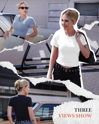 GAYHAY 3 Pack Basic Tees for Women - Crew Neck Slim Fit Tight T Shirts Cute Y2K Trendy Crop Tops Clothes for Casual Summer2