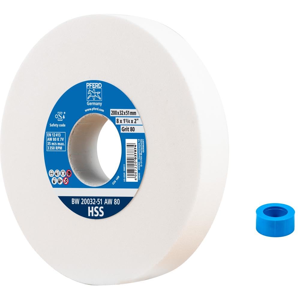 PFERD TOOLS Schleifbockscheibe HSS, 200x32x51mm, A80, 39009704 – Mittelharte Schleifscheibe zum Schärfen von HSS-Bohrern, mit Reduzierhülse (32mm)