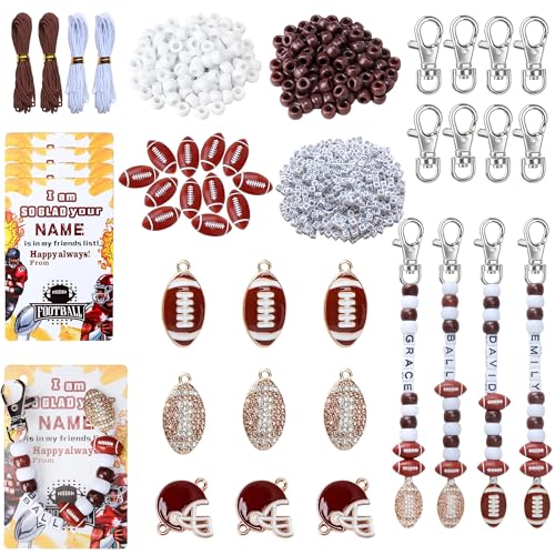 Tuhangcc 501 Pcs Football DIY Keychain Making Kit Adjustable Letter Alphabet Beads Strings 12 Charm 16 Cards with Lobster Clasps & Strings for Sport Theme Party Favor Gift (Football)