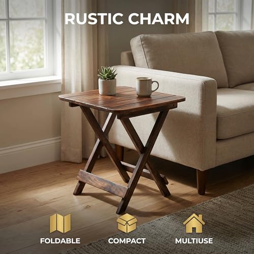 Image of Wooden Folding Side Table, Mango Wood, Square, 30 cm | Coffee Table for Living Room, Foldable Corner Table for Bedroom, Antique Finish