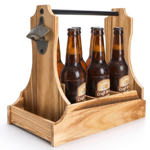 Mezchi 6-Pack Wood Beer Caddy With Metal Opener, 6 Cup Wine Bottle Carrier With Handle, Portable Drink Holder Carrier For Beer-Lovers, Men, Christmas, Birthdays, Father’s Day