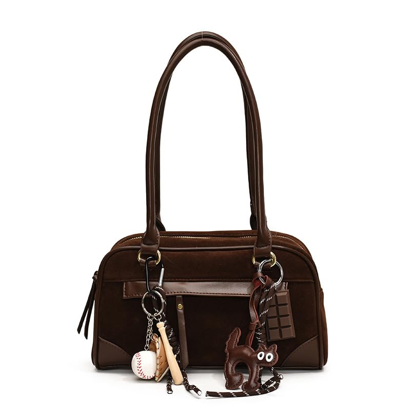 Suede Shoulder Bags for Women Vintage Bowler Bag Stylish Fall Purse Shoulder Handbags Retro Top Handle Bag with Cute Pendant