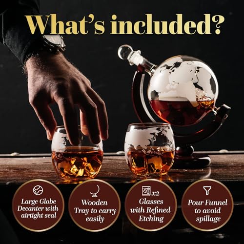 Kemstood Whiskey Decanter Sets for Men - Etched World Globe Design with Wood Stand & 2 Glass - Ideal for Dignified Drinking, Home Decor - Unique Whiskey Gifts for Men - 28 oz / 850 ml Capacity