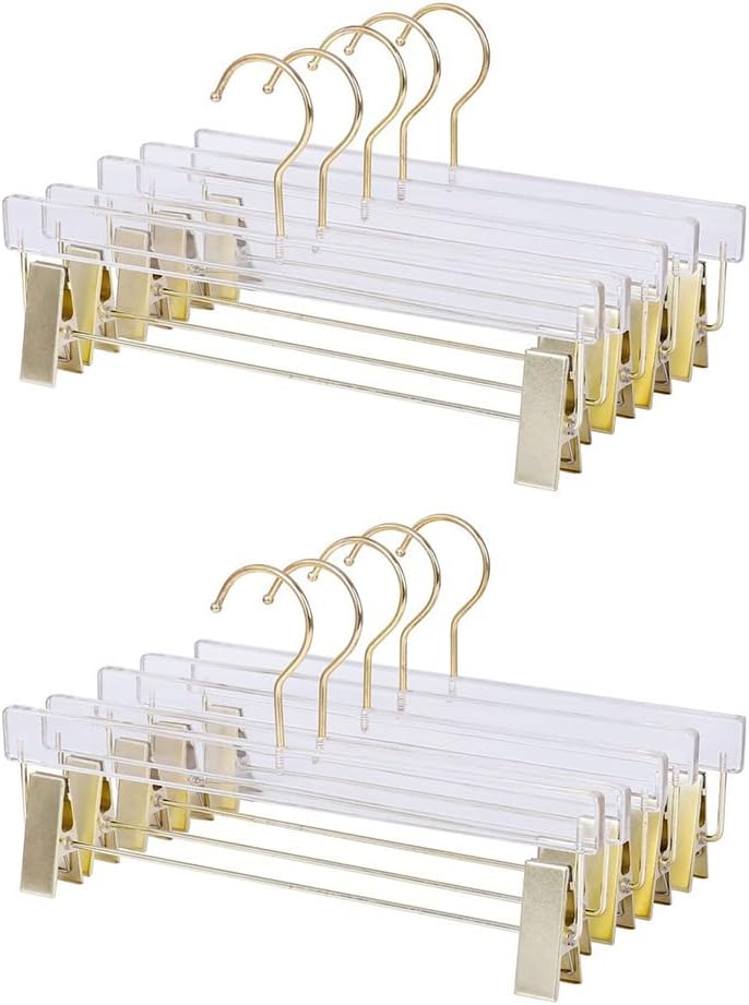 Acrylic Hangers Clear and Gold Hangers with Gold Hooks and Clips Durable Universally Kids and Adults Gangers for Pants,Skirt Dress,All Clothes (10)