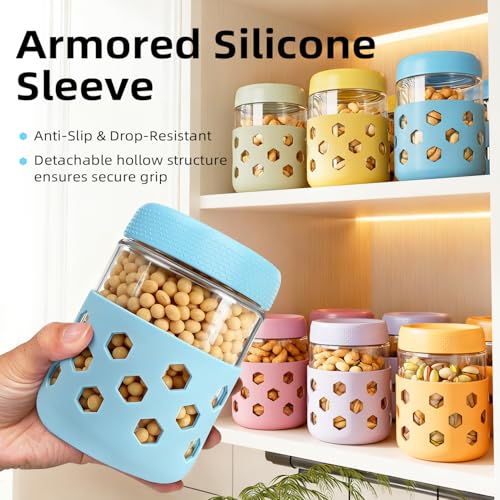 grinkpeak Overnight Oats Containers with Lids and Silicone Sleeve, 6 Pack Wide-Mouth Glass Food Storage Jars, 16oz Mason Jar Style Containers Perfect for Yogurt, Oatmeal, Fruit, Snacks and Meal Prep by grinkpeak - Used condition - Image 4