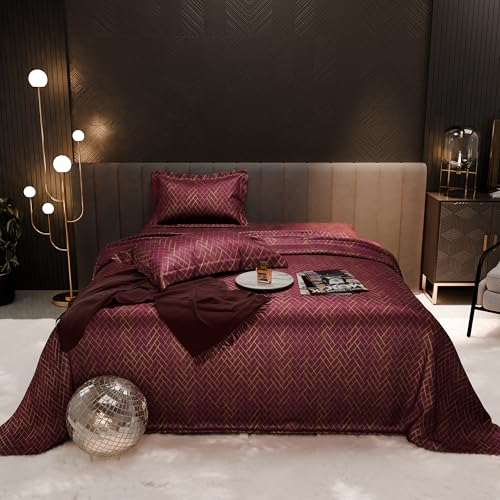 Image of Stoa Paris 300TC UltraSatin Printed King Bedsheet with 2 Pillow Covers, Gentle on Skin & Hair, Wrinkle & Fade Resistant, Aesthetic Home Decor, Gift for Couple, Starlit Night - Wine (228cm x 274cm)