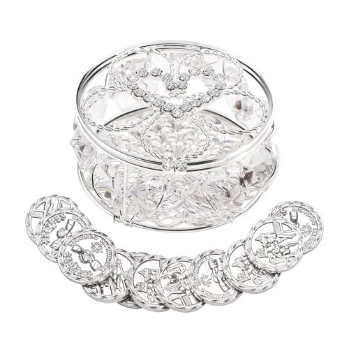 ESNOY Wedding Arras Coins Sets, Arras De Boda Catolica, Arras Para Boda Catolica Silver Gifts Box with 13 Coins Decorative Rhinestone Crystals,Arras De Boda Cristiana
