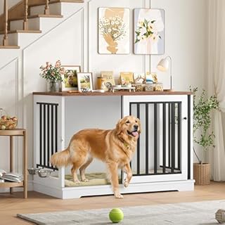 FirFurd Dog Crate Furniture Dog Cage for Large Breeds Wooden Puppy Kennel with Sliding Doors & 2 Bowls Heavy Duty Pet House Indoor Sideboard Cabinet White+Brown 120x90x60cm