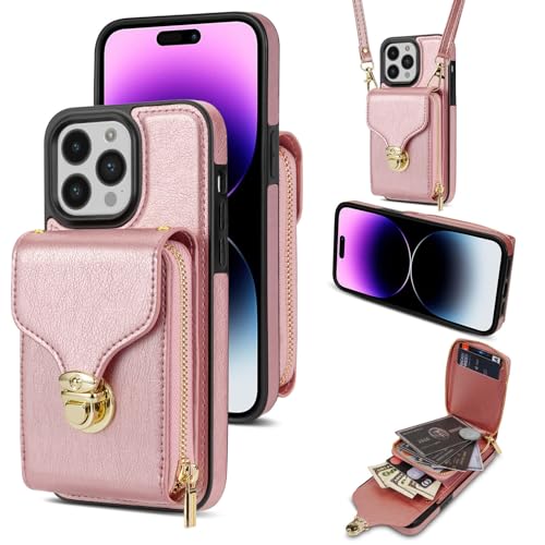 Étui portefeuille iPhone 14 Plus or rose protection magnétique en cuir avec fentes pour cartes